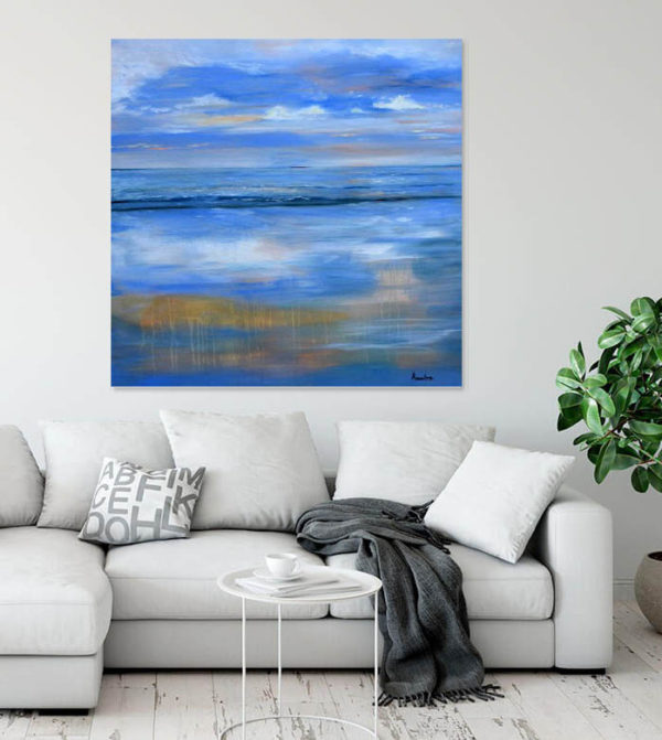 Continuum- painting- soft blue landscape seascape in a room