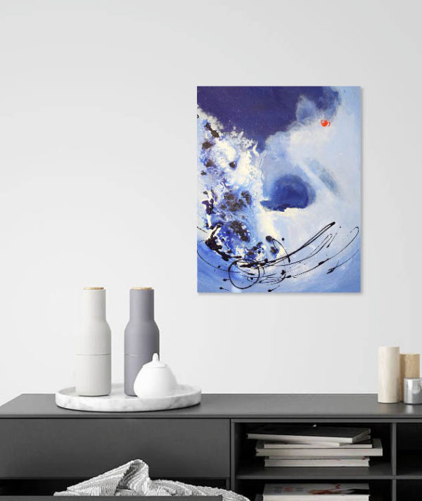 Dare to Dream abstract - blue and white painting in a room