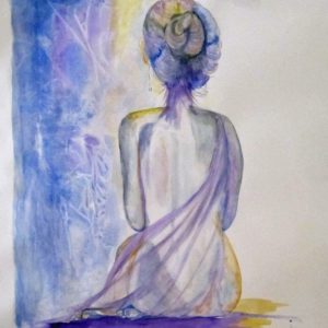 Women with her back showing, in blues and purple watercolor. She sits quietly.