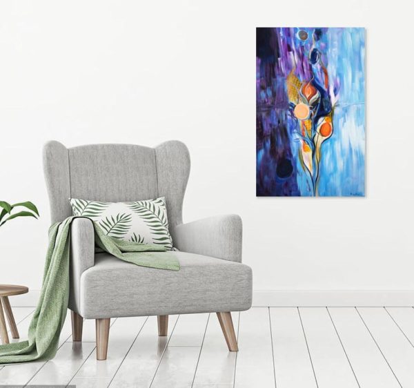 Hidden Treasures-Abstract Contemporary painting in blues. Refreshing bright cheerful art in a room.