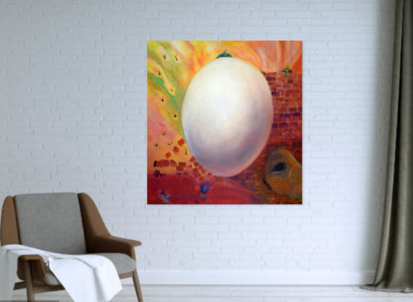 Hope in a room- abstract surrealism painting of an egg