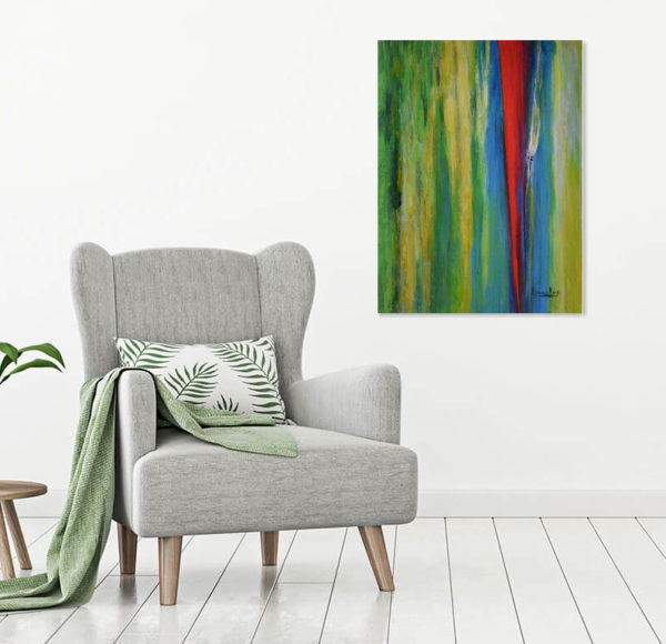 One In A Million- Flowing Time in a room- brillant color painting- green and red