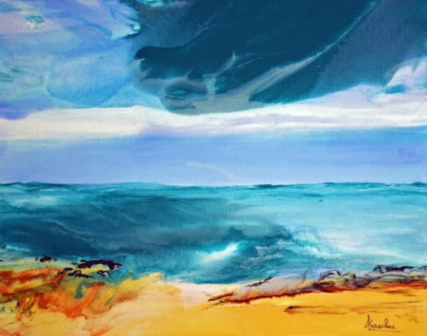 Whispering Waves seascape painting- stormy sky passing over water