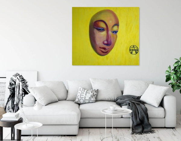 Parallel Syncretism - buda head in a room. Bright yellow painting- awarded art