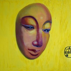 Parallel Syncretism- award winning painting- bold vivid head on bright yellow textured palette knife background- Fine art