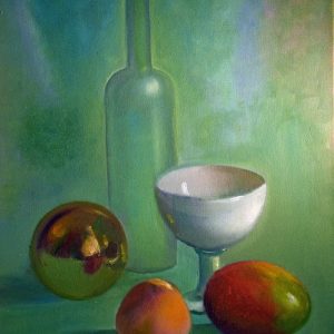 Life is Peachy=Gentle still life of soft greens. A peach, bottle, and mango. exhibited in the Appleton Museum.