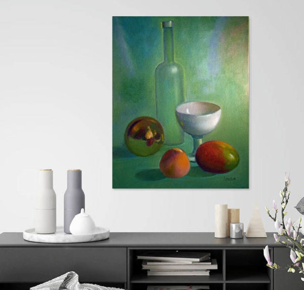 Life is peachy fine art - soft greens, bottle peach and mango- painting in a room