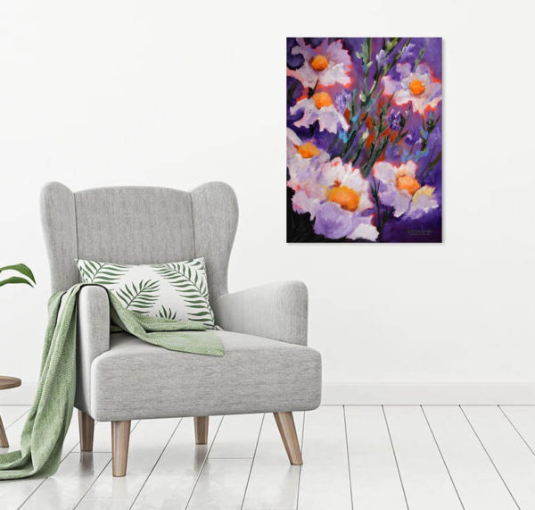 Cheerful Flowers- uplifting purples and whites in a room- painting by Arrachme