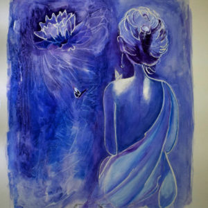 Women in watercolor deep rich blues gently exposed to the world. She sits in silence.