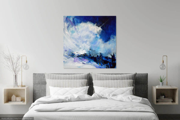 Brilliant Blue abstract fine art painting in a room- Expanded time