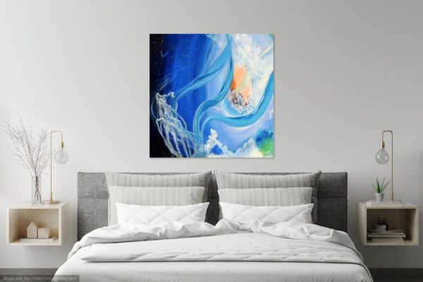 Modern Bedroom with large peaceful painting- Invisible Sea II