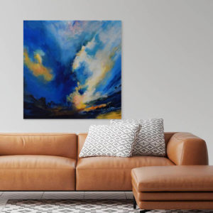 Brilliant blues abstract fine art painting in a room- Tipping The Balance
