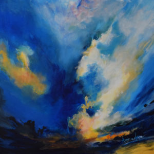 Bright blues and yellows in abstract painting- Peaceful Worlds - Award winning- Tipping The Balance
