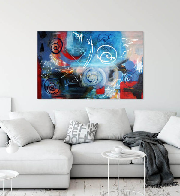 Chrysalis Bound abstract uplifting painting over sofa- horizontal