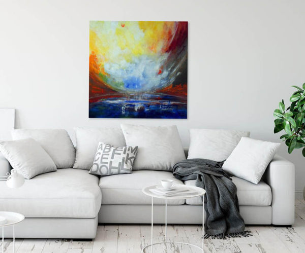 worlds connecting with vivid blue, red, yellow color painting in a room