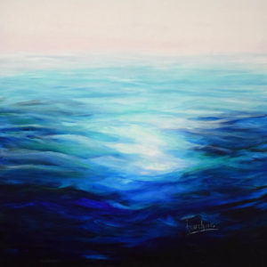 Painting of blue ocean water and fragments of light, abstract seascape.