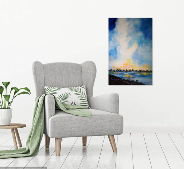 Seascape, abstract cityscape with billowing clouds in a room