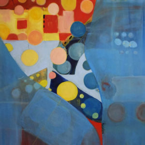 Bright, cheerful whimisical uplifting paintings. happy blues, reds, yellows. Untethered Happiness 1