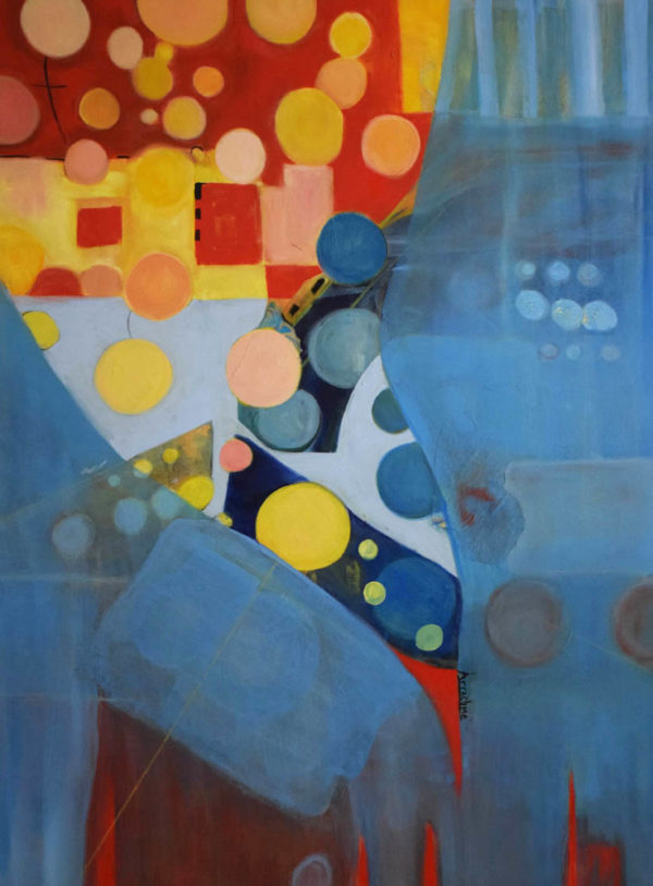 Bright, cheerful whimisical uplifting paintings. happy blues, reds, yellows. Untethered Happiness 1