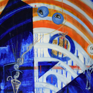 Surreal painting with eyes rainbows and geometric shapes in deep rich blues, oranges, and whites.