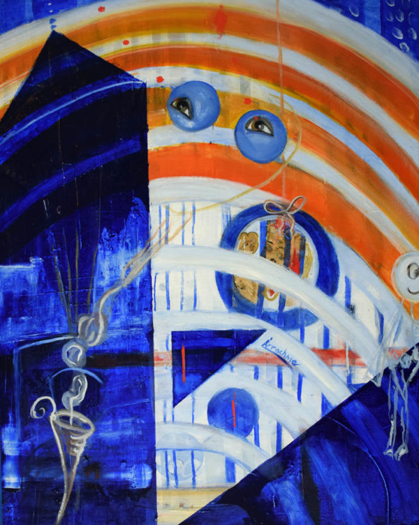 Surreal painting with eyes rainbows and geometric shapes in deep rich blues, oranges, and whites.