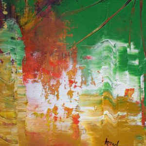 Burning cities and wildfires. A painting of reds, greens and gold oil on board.