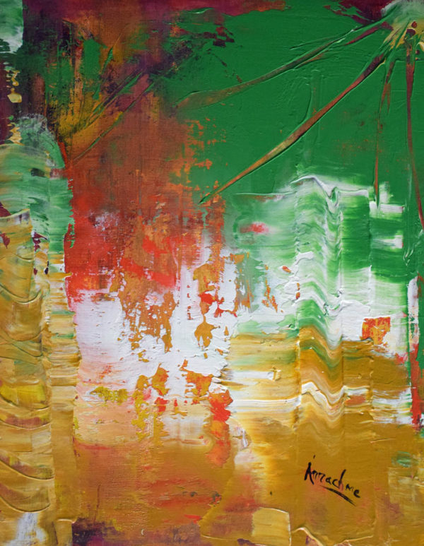 Burning cities and wildfires. A painting of reds, greens and gold oil on board.