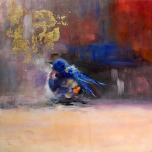 Cute blue bird fine oil and mixed media painting with gold leaf. A wild citizen for sure.