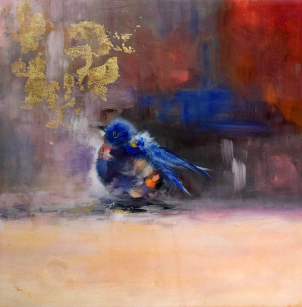Cute blue bird fine oil and mixed media painting with gold leaf. A wild citizen for sure.
