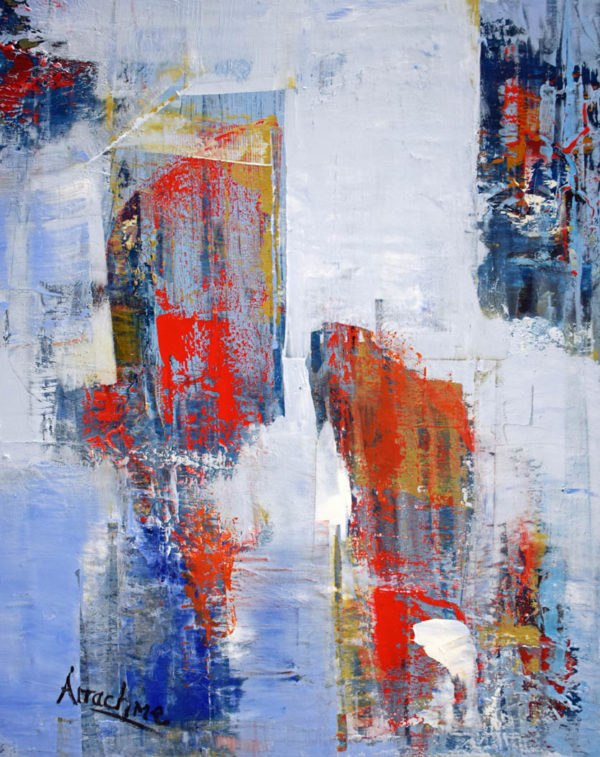 Abstract painting in blues and reds done with mixed media, oil on canvas.