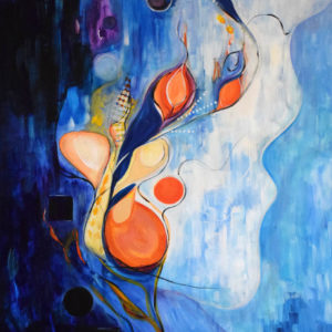 Sourcing Goodness- Brilliant bold brush strokes in abstracted flower painting- blues and oranges