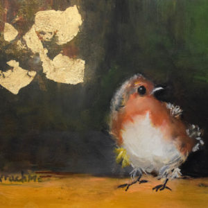Oil Painting of a cute fluffy bird, in greens and bright oranges.