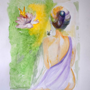 Grace-women sittling quietly watercolor painting soft greens and yellows