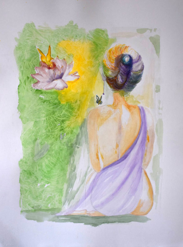 Grace-women sittling quietly watercolor painting soft greens and yellows