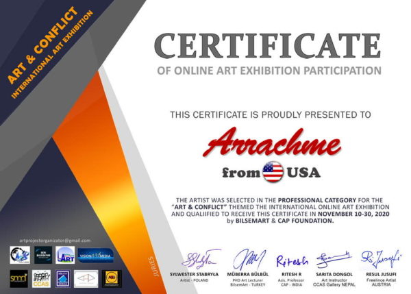 Arrachme receives Certificate - Art and Conflict Exhibition- 2021 International