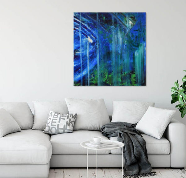 Rain blue abstract painting in a room -